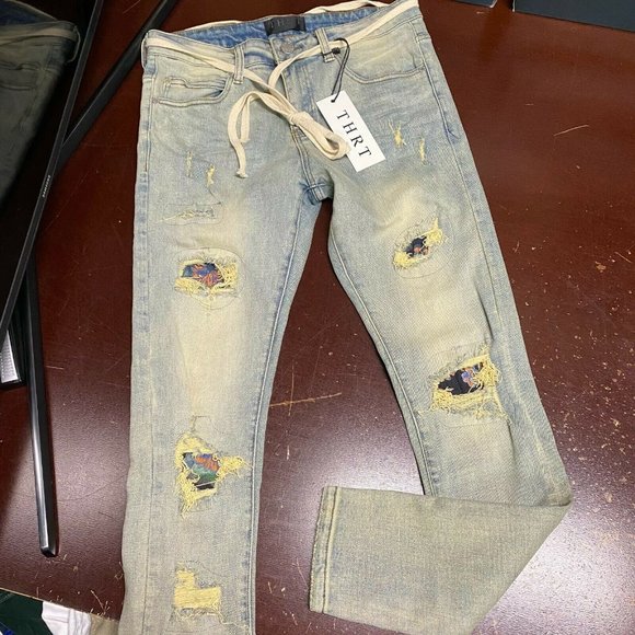 Thrt Mens Blue Light Wash Distressed Pockets Straight Leg Denim Jeans Size 32